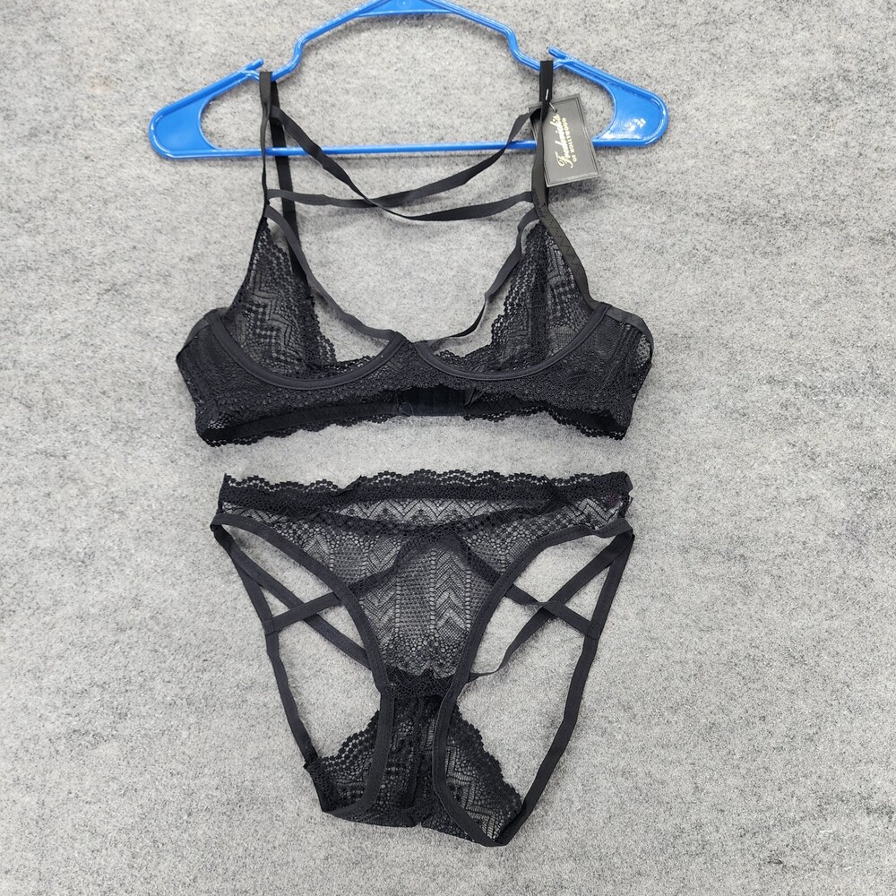 Fredericks of Hollywood Bra Panty Set Womens Large Black Lace Open Cup Rayna